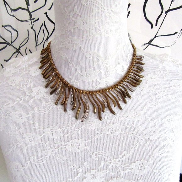 Fringed brass & rhinestone necklace choker - Picture 2 of 9